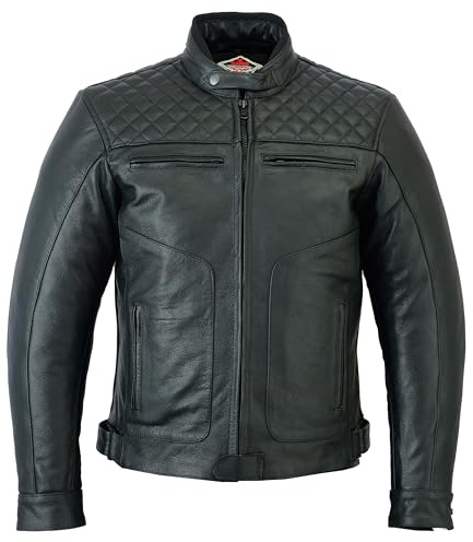 Texpeed Mens Leather Motorcycle Jacket - Touring Motorbike Jacket With Genuine Biker CE Armour (EN 1621-1) Protection Quilted Diamond Stitched Design - Black - S