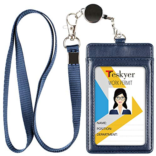 Teskyer Card Holder with Retractable Lanyard, Badge Holder with Clear Window and Holds 2 Cards, PU Leather, Vertical Card Holder for ID Cards, Offices, Schools, Bus Passes, Blue