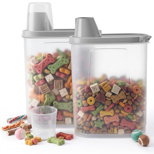 Kerhouze 2er Set Hundefutter Aufbewahrung Luftdichter Tierfutterbehälter mit Messbecher Ausgießer Futterspender für Katzefutter Vogelfutter 2.3L Grau