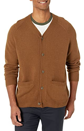 Amazon Essentials Cárdigan de Lana de Cordero con Cuello en V y Bolsillos para Hombre (Anteriormente Goodthreads), marrón Medio, XXL