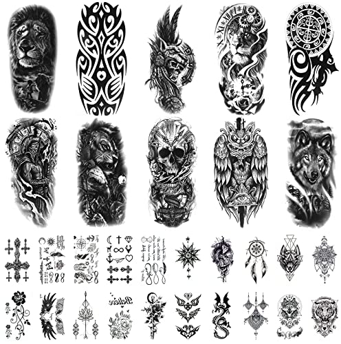 URAQT Tatuajes temporales negros, 10 hojas grandes de lobo león esqueleto pegatinas con 20 hojas de tatuaje falso impermeable pequeño, tatuaje temporal para brazo, cuello, cara, tatuajes temporales