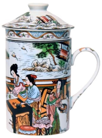 Tasse à Thé en Céramique Avec Couvercle et Passoire - Motif Chinois - Ensemble Cadeau (Fille) - Porcelaine Pour Amateurs de Thé - Emballage Cadeau Inclus
