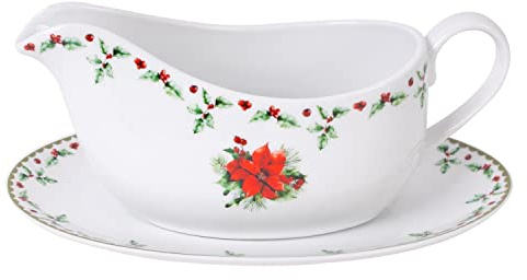 Harvey & Mason 350ml Gravy Boat Saucer Holly Range Porcelain Jug Festive Christmas Dinner