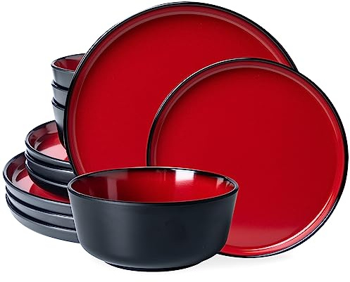 LEHAHA Melamine 12-Piece Modern Dinnerware Set, Kitchen Plates and Bowls Sets, Luxury 2 tone Red and Black Ceramic look Dish Set for 4.Christmas Luxury dinnerware dishes set.
