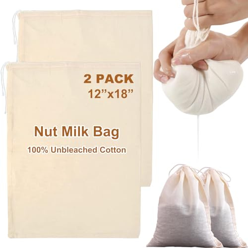 FXHDC-M 2 Pack Large Cheese Cloth Bags for Straining Cotton Muslin Bags Nut Milk Bag Reusable Nutmilk Mesh Bag for Cheesecloth for Straining Fine Mesh and Drawstring Closure (12x18)