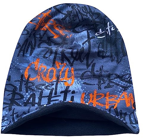 Wollhuhn Öko Warme Winter Jungen/Mädchen/Kinder Winter Long Beanie Mütze Mit Fleecefutter Versch. Motive (aus Öko-Stoffen, Bio) 20220666 (Skater Grau/Orange, L)