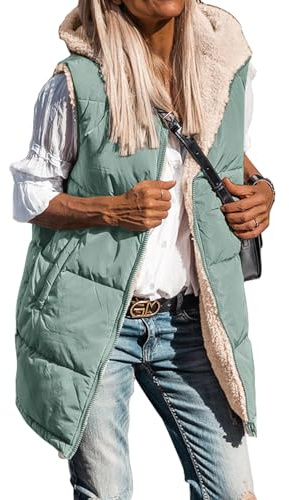 BTFBM Long Puffer Vest Women Fleece Sherpa Jacket Sleeveless Hooded Reversible Zip Up Winter Coat Fall Vests Outerwear(Grey Green, Medium)