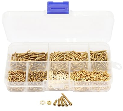 LBY 750pcs Machine Screws Assortment Kit, M2 Phillips Pan Head Bolts, 5 Sizes (with Nuts and Flat washers), Copper (Yellow)