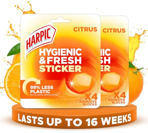 Harpic Hygienic Fresh Sticker Adhesive Toilet Block, Citrus, Pack 2 x 4 Stickers, Toilet Freshener, No Plastic Applicator, Up to 16 weeks of Freshness