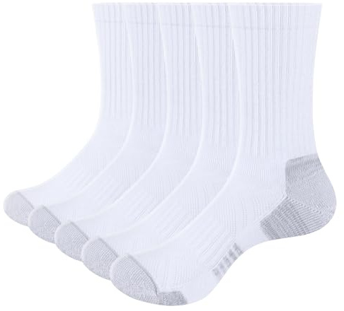 YUEDGE Ladies White Cushioned Crew Sports Socks for Women 4-7, Sweat Wicking Cotton Casual Work Everyday Gym Tennis Training Athletic Socks, 5 Pairs