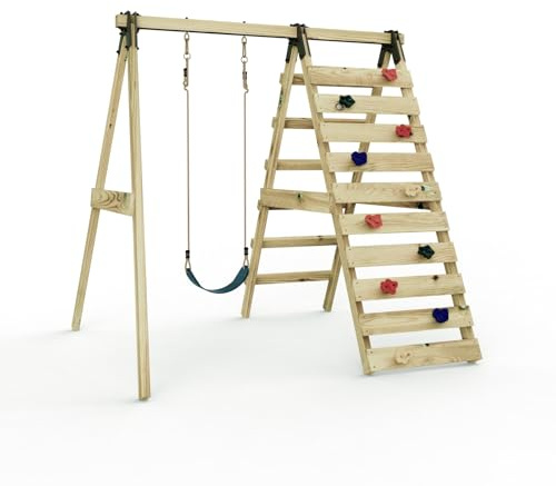 Rebo Glide Wooden Single Swing Set with Climbing Wall and Swing Seat – Lavender (Navy Blue Belt Swing) | OutdoorToys | Kids Outdoor Wooden Play Equipment for Gardens, Frame & Accessories Included