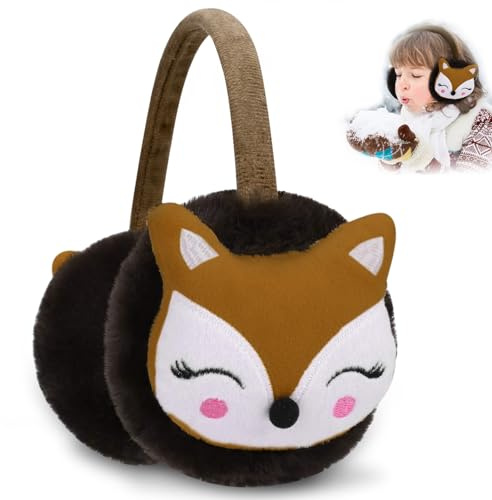 Uoimky Orejeras para niños, orejeras para niños, invierno, dibujos animados, diseño de zorro, calentador de orejas, a prueba de viento, cálido, mullido, ajustable, orejeras para niñas, marrón, Talla