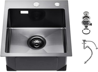 VEVOR Évier de cuisine 40 cm, évier à montage par le haut en acier inox 304, évier à poser à encastrer cuve simple avec accessoires, évier de lave-vaisselle ménager pour camping-car cuisine bar, noir