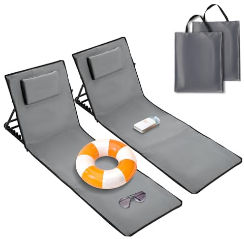 Ikodm Tapis de plage pliable, tapis de plage rembourré, chaise longue de plage avec sac à main, compartiments de rangement, coussin intégré avec réglage à 5 vitesses, tissu résistant à l'usure (158 cm