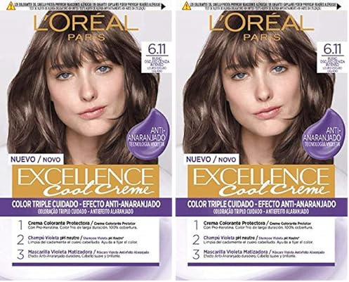 L'Oreal Paris Excellence Creme Tinte Permanente, Tono 6.11 Rubio Oscuro Ceniza, 260 g (Paquete de 2)