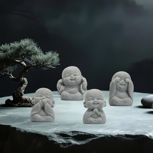 4Pcs Mini Monk Buddha Statues, See Hear Speak Think No Evil Mini Monk Decor, Handcrafted Sandstone Resin Zen Statues for Home Office Desk Car Dashboard, Feng Shui Spiritual Gifts for Peace & Calm