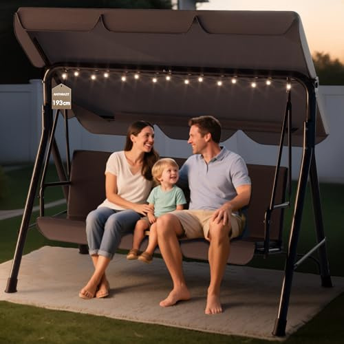 Soontrans 3-Sitzer Hollywoodschaukel, Familienzeit mit Leichtigkeit, Gartenschaukel mit Sonnendach & Gestell & Gepolsterte Sitzauflage, Belastbar bis 200 kg, aus Stahl (193 x 110 x 152 cm, Anthrazit)