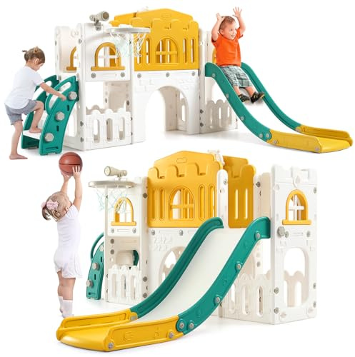 Toboggan 8 en 1 pour enfants avec cadre d'escalade, panier de basket, tunnel et balançoire, toboggan pour tout-petits avec jeu de perçage et espace de rangement, appareils de jeu pour enfants de 1 à 3