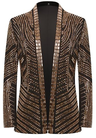 PYJTRL Men's Black and Gold Sequined Wedding Performance Party high-end Fitted Luxurious Full Sequin Suit Jacket