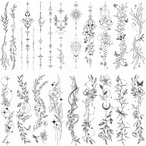 24 Pcs Temporanei Tatuaggi per Donne e Ragazze, Fiori, Foglie e Piante Selvatiche – Adesivi Tatuaggio Realistici e a Lunga Durata – Set di Tatuaggi Resistenti all'Acqua per Braccio, Clavicola