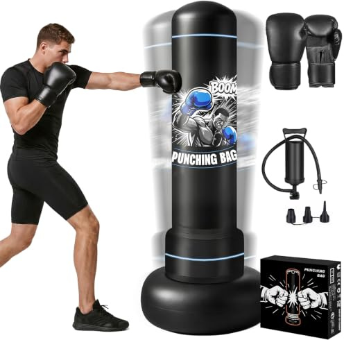 Sac de Frappe Adulte 180cm, Qoosea Punching Ball Gonflable avec Gants et Pompe à Air, Sac de Boxe sur Pied pour Entraînement Boxe de Kickboxing MMA Karaté, Idéal Cadeau Hommes et Femmes