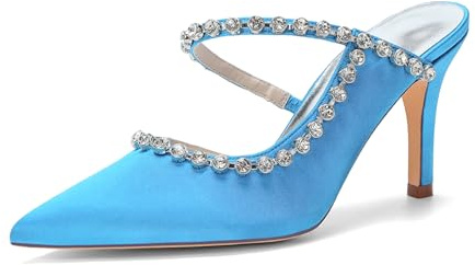 ZhiQin ,Sky Blue,39 EU, Mules De Mariée en Satin Blanc avec Strass pour Femme Talon Chat 6cm Bout Pointu pour Mariée Demoiselle d'honneur Cocktail Bal