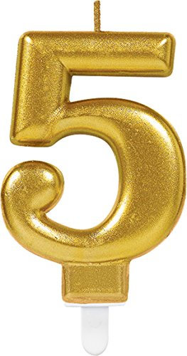 Carpeta Zahlenkerze * Zahl 5 * in Gold mit Steckfuß | ca. 10cm x 6cm groß | Deko Goldene Hochzeit Jubiläum Geburtstagskerze Kerze Geburtstag