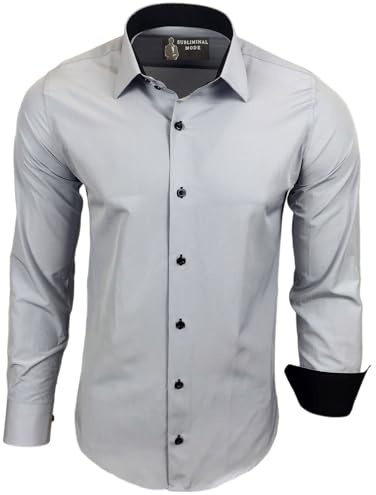 Subliminal Mode - Chemise Homme Bicolore uni Manches Longues Coupe Slim Business RN44,L,Gris Light