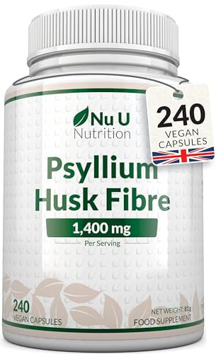 Bucce di Psillio Alto Dosaggio 1400mg - 240 Capsule Vegane - 4 Mesi di Fornitura - Prebiotico Naturale Psyllium Husk - Integratore Ricco di Fibre - Prodotto in Europa - Nu U Nutrition