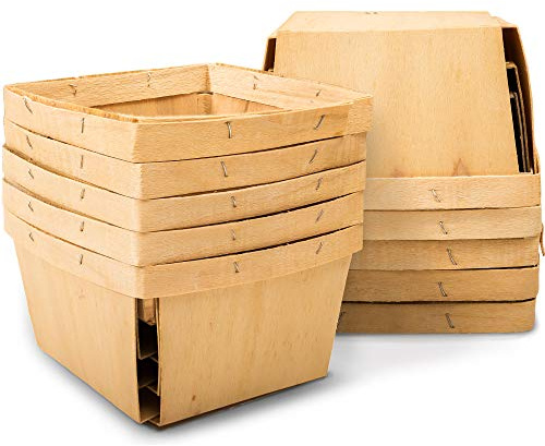 One Quart Wooden Gift Baskets (10 Pack); for Picking Fruit or Arts, Crafts and Decor; 5.75” Square Vented Wood Boxes