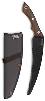 Barebones Timber Saw - Hand Saw with Ergonomic Walnut Handle for Camping, Pruning, and Wood Cutting - Curved Blade and Root Cutter with Sheath