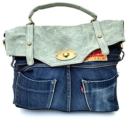 Superflybags Borsa a mano In Vera Pelle Camoscio + Tessuto Jeans modello DAKOTA Made In Italy