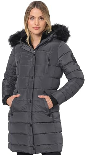 Navahoo Winterjacke Damen - Wasserabweisend, Warm, Kapuze, Winddicht - Wintermantel Lang, Mantel Frauen, Teddyfell gefüttert - Stehkragen, 7 Taschen, verlängerter Zipper - Anthr L
