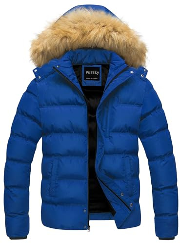 Pursky Mens Puffer Jacket with Fur Hood Parka Men's Warm Anorak Winter Coat Detachable Faux-Fur Trim Blue M