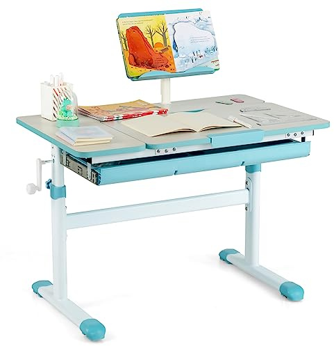 RELAX4LIFE Scrivania Bambini 3-12 Anni, Scrivania Regolabile in Altezza, Banco Scuola con Piano Inclinabile, Leggio, Cassetto e Libreria, Tavolo da Studio Ergonomico, 80x51,5x51-73cm (Blu)