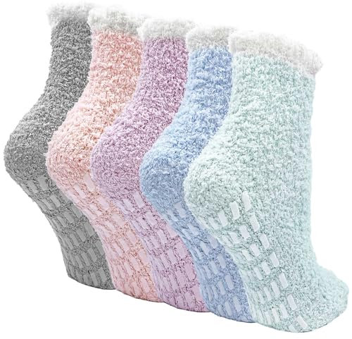 PUTUO Kuschelsocken für Damen Flauschige Socken: Warme Winter Stoppersocken mit Noppen für Frauen Haussocken Bettsocken Plüschsocken Wintersocken antirutsch 5 Paar 35-41