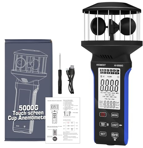 AIOMEST Anemometro Digitale Portatile, Misuratore di Velocità del Vento a 4 Tazze a 360°, Anemometro ad Alta Precisione ±5% con Temperatura (℃/℉), MAX/AVG per Riprese, Vela, Surf, Drone, AI-5000G