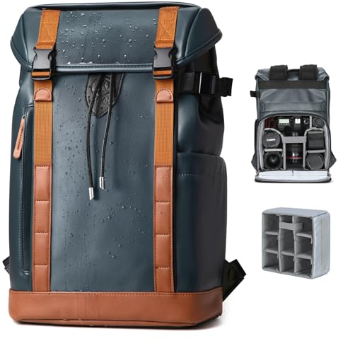TARION Kamerarucksack Wassserdicht Fotorucksack Kameratasche: Leder Kamera Rucksack DSLR SLR Kamerarucksäcke Spiegelreflex mit 14 Zoll Laptopfach Regenhülle(M,Blau)