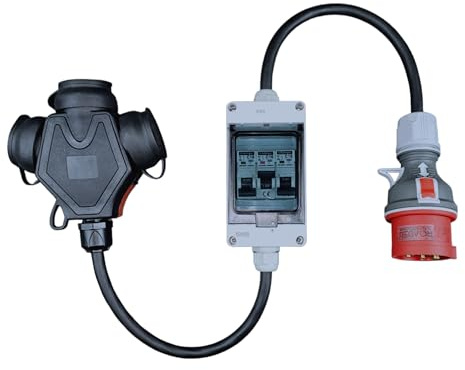 RoadEu - Adaptador de Corriente Fuerte - Conector CEE 32A - Adaptador de 380V a 220V, 3 Conectores Schuko de 220V, Caja de fusibles con 3 disyuntores de C16A