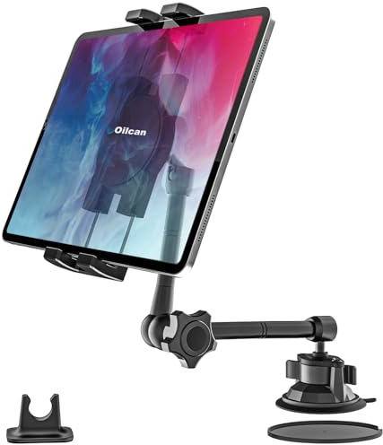 Oilcan Supporto Tablet Auto Cruscotto Parabrezza, Supporto Tablet Ventosa Camion [Multi-Angolo & Braccio in Metallo] Per iPad Pro Air Mini, Galaxy, Lenovo, iPhone, Telefono e Tablet da 4-12,9