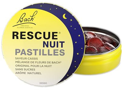 RESCUE NUIT - Pastilles goût Cassis - Bien-être émotionnel naturel - Mélange de 6 Fleurs de Bach Original - Idéal lors de déplacement, voyage, stress du quotidien - Sans sucre - Boîte de 50g