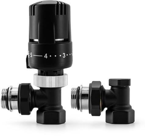 VANCOCO Kit Termostatico a Squadra Completo 1/2 con Valvola Detentore ad Angolo, Raccordo con Guarnizione G1/2 per Termosifoni, Valvola Termostatica Radiatore Nero con Blocco e Posizione Anti-Gelo