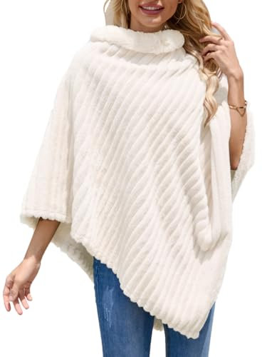 Ferand Damen Gemütlicher Gestreifter Poncho Pullover aus Kunstfell, Weicher Flauschiger Schal für den Winter, Weiß