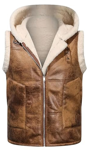Augystre Men's Leather Fleece Vest, Brown Aviator Men's Sleeveless Jacket, Shearling Sheepskin Hoodie, Short Faux Fur Winter Jacket, brown, XXL