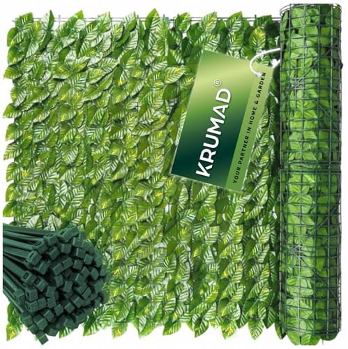KRUMAD Edera artificiale per siepe, 500 x 50 cm, frangivista per balcone e giardino, edera artificiale, resistente ai raggi UV, resistente alle intemperie, con 100 fascette per cavi, colore: verde