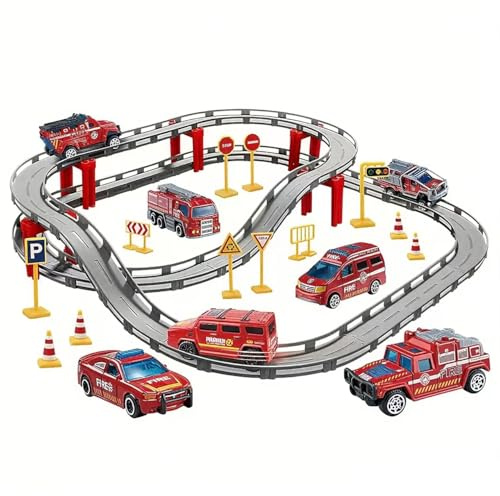 BASAMOU Circuit Voiture Electrique Enfant 3 4 5 6 7 8 9 Ans, Jouet Train Électrique Enfant Piste de Course, Jeux Véhicules Garçon Fille Cadeau d'anniversaire Noël (avec 4 Voitures Aléatoires) (Rouge)