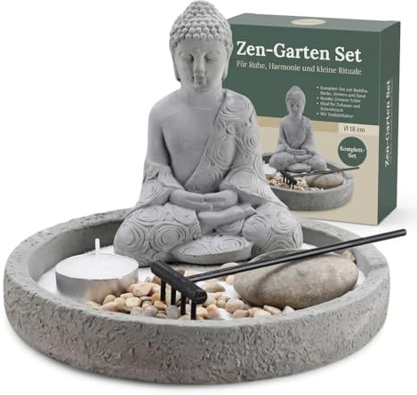 MIJOMA Figura de Buda en plato de cemento con portavelas, rastrillo, piedras decorativas y arena, juego de jardín zen – Decoración espiritual para la paz interior y la armonía (redonda Ø 18 cm)