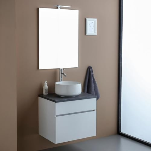 Kiamami Valentina - Mobile bagno sottolavabo 60cm bianco con top antracite e specchiera 60x80 | Sole