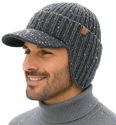 TOP-EX DryKnit™ Merino Wool Waterproof Hat with Brim and Ear Flaps Fleece Lined Beanie with Brim for Men Cold Weather Ski Hiking for Big Head Gray XL/XXL