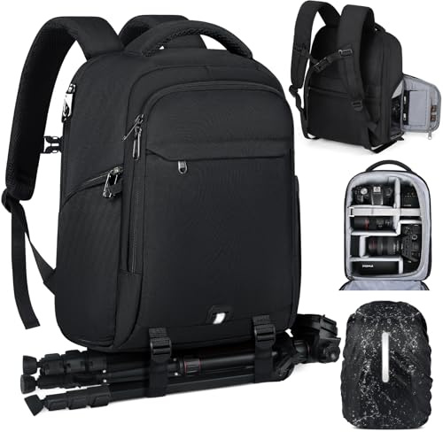 RAINSMORE Fotorucksack Kamerarucksack Groß mit 15,6 Zoll Laptopfach Leicht Kamera Rucksack DSLR SLR Kameratasche Regenschutz für Canon Nikon Sony Schwarz